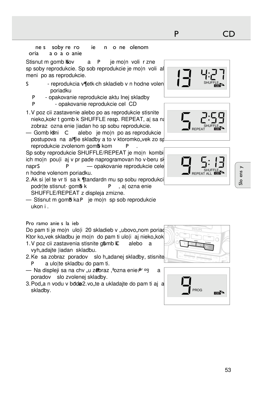 Philips AZ2755 Zobraz’ oznaenie iadanŽho spsobu reprodukcie, Stisnut’m gomb’ka Stop 9 je monŽ spsob reprodukcie ukoni 