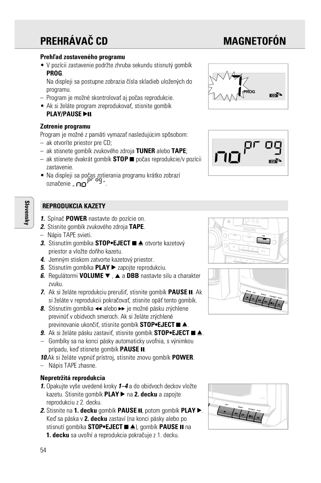 Philips AZ2755 manual Preh¹ad zostavenŽho programu, Prog, Play/Pause, Reprodukcia Kazety, Nepretrit‡ reprodukcia 