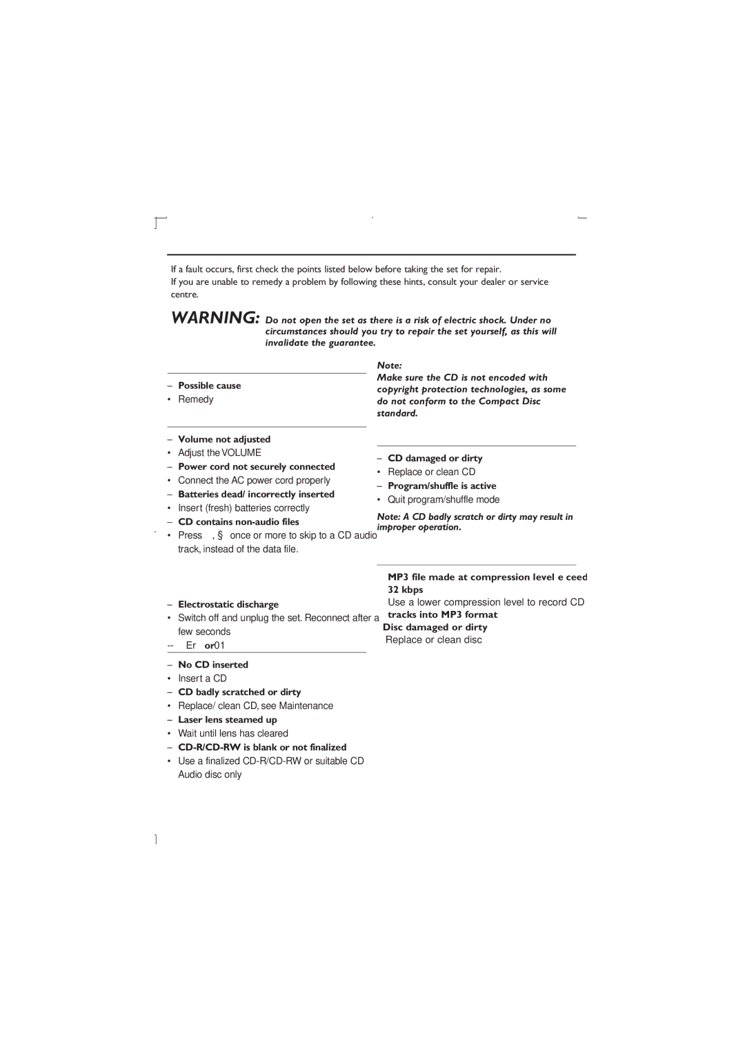 Philips AZ302 user manual Problem, No sound /power, CD skips tracks 