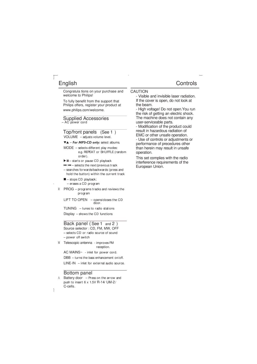 Philips AZ302 user manual English Controls, Supplied Accessories, Top/front panels See, Back panel See 1, Bottom panel 