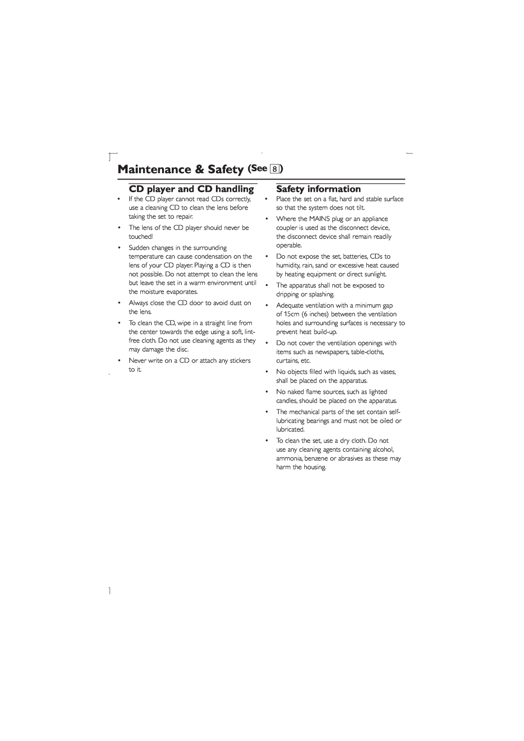Philips AZ302 user manual Maintenance & Safety See, CD player and CD handling, Safety information 