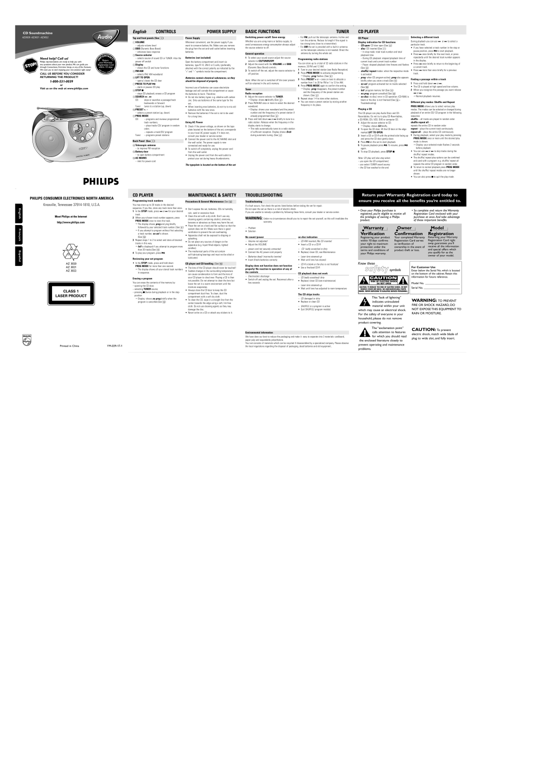 Philips AZ3021, AZ3022/17B, AZ3020 warranty Power Supply, Basic Functions, Tuner, CD Player, Troubleshooting 