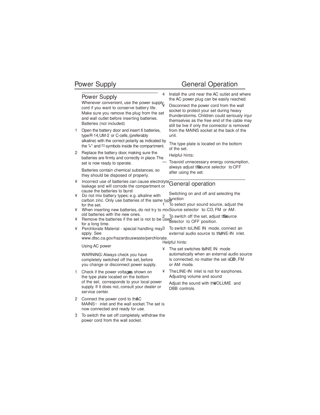 Philips AZ302/37 manual Power Supply, General operation 