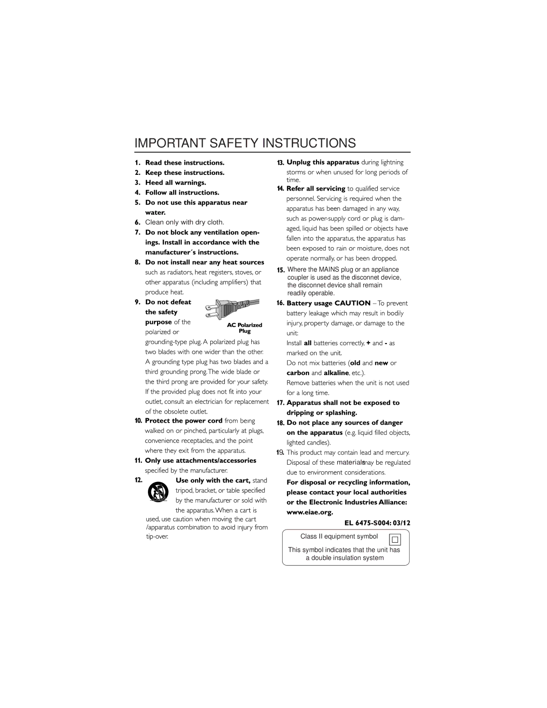 Philips AZ302/37 manual Important Safety Instructions 