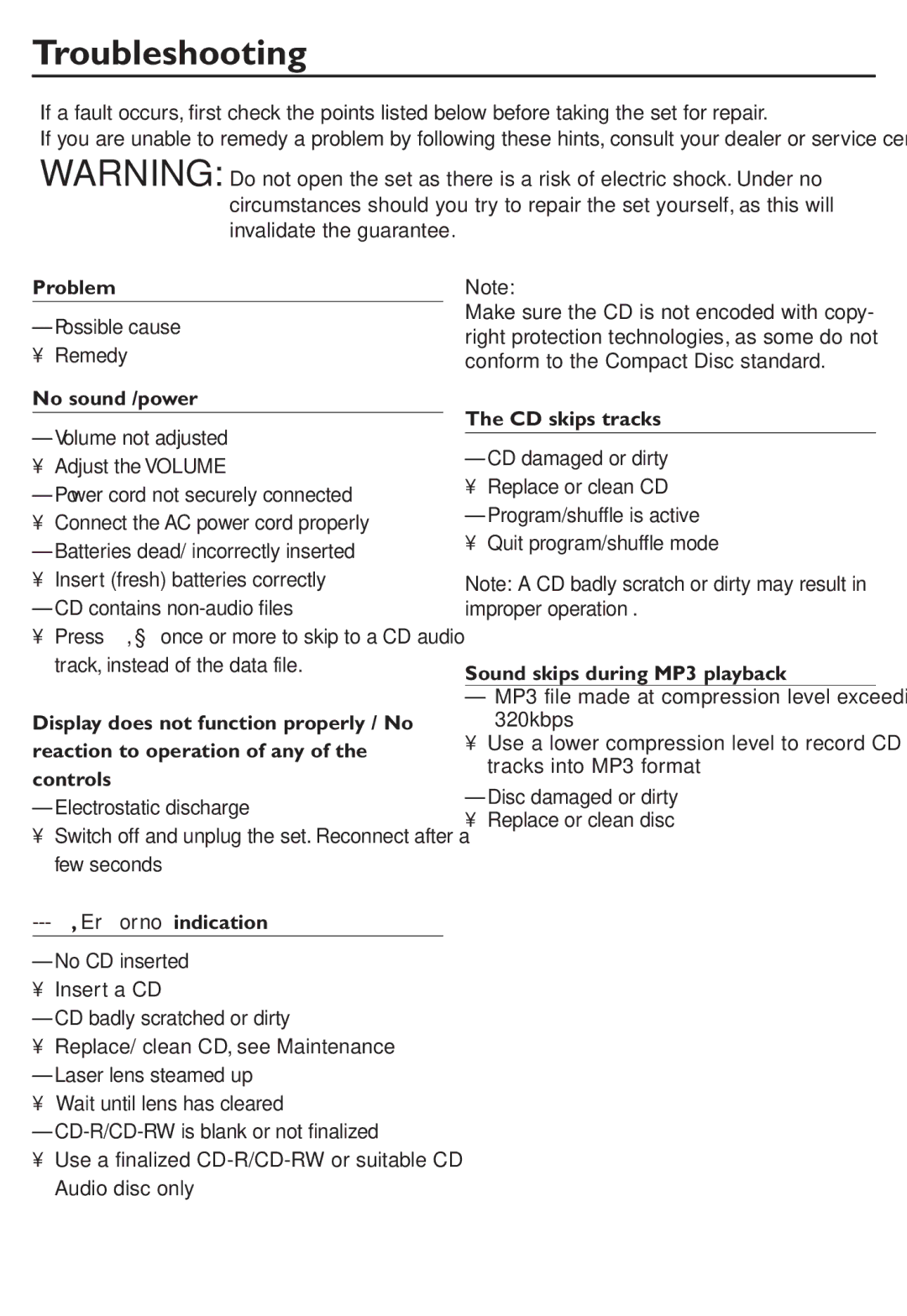 Philips AZ302S Problem, No sound /power, CD skips tracks, Sound skips during MP3 playback, Reaction to operation of any 