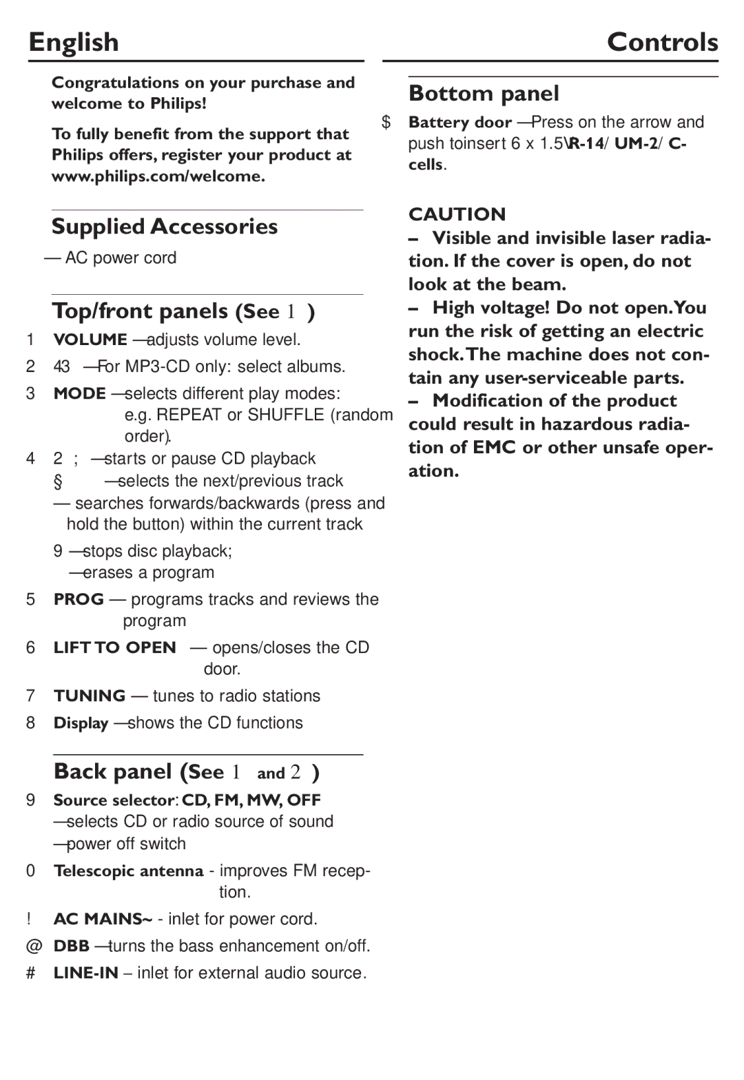 Philips AZ302S user manual English Controls, Bottom panel, Supplied Accessories, Top/front panels See, Back panel See 1 