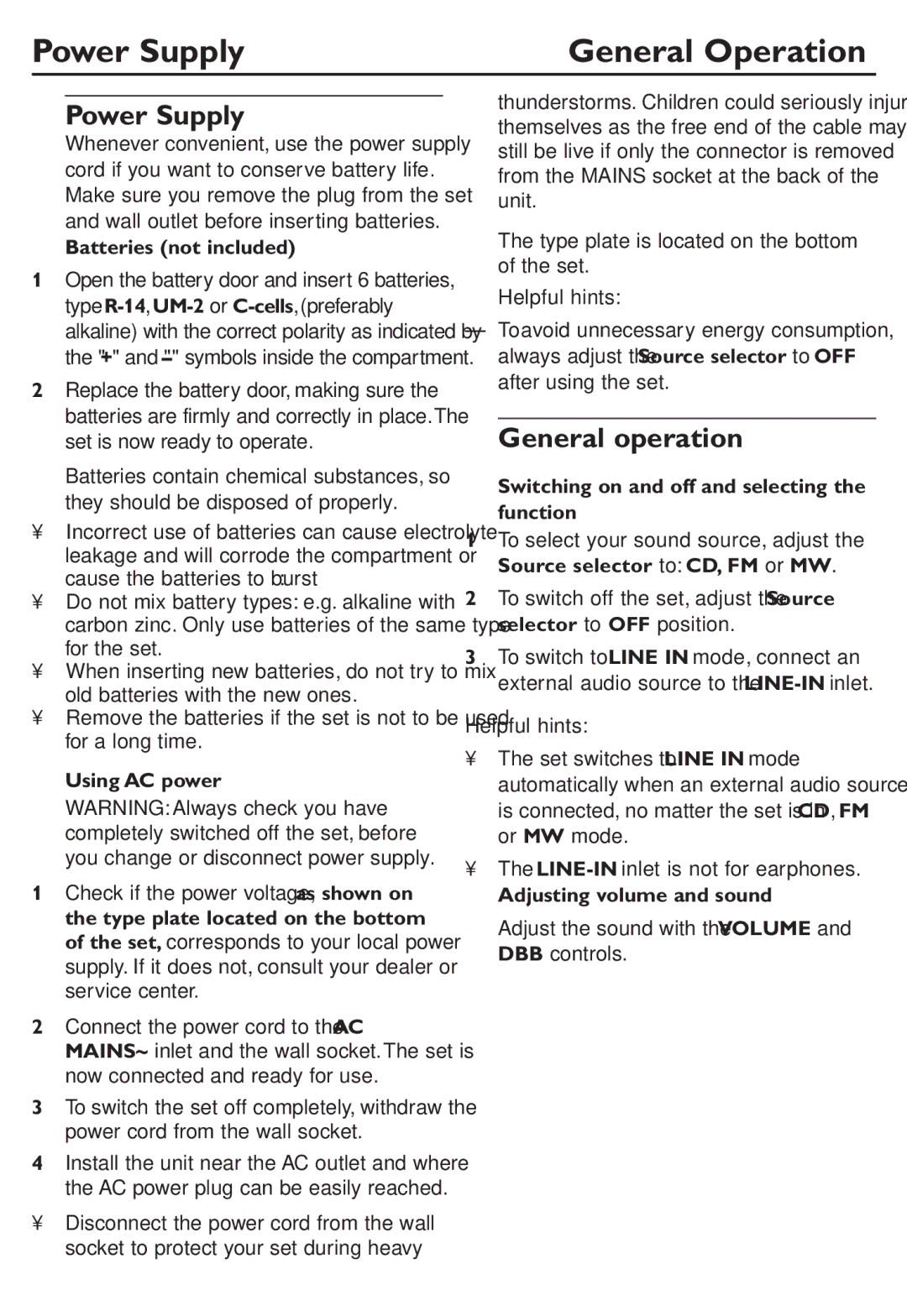 Philips AZ302S user manual Power Supply General Operation, General operation 