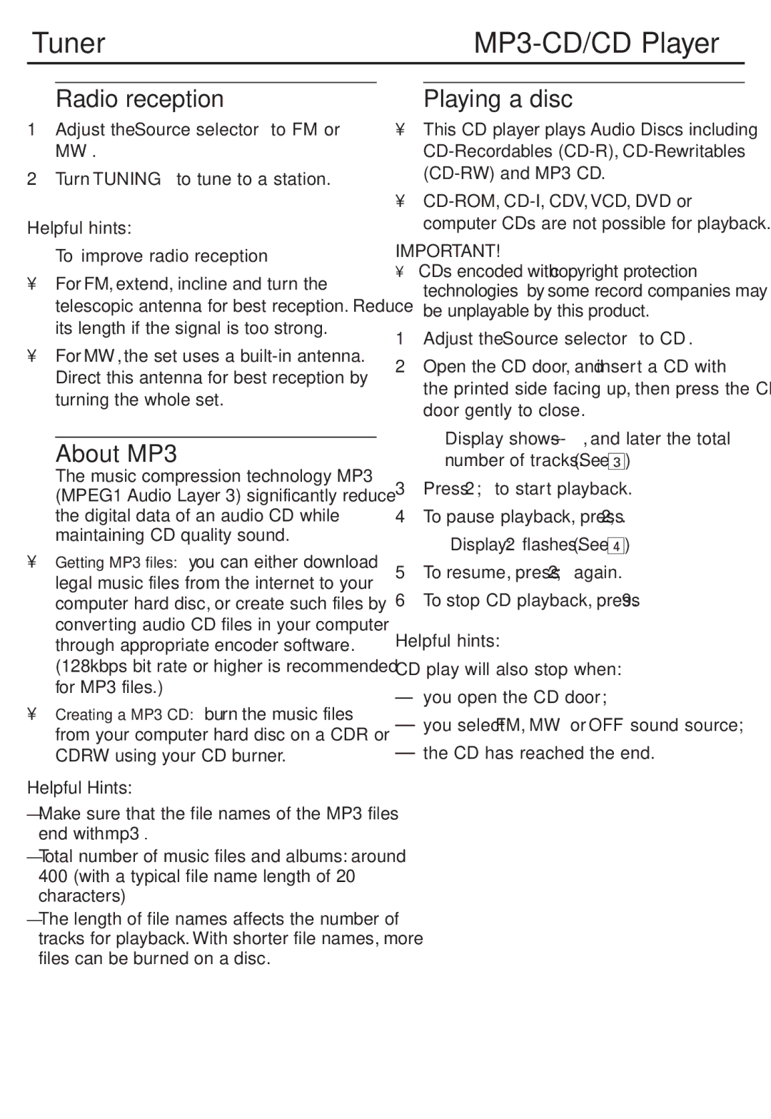 Philips AZ302S user manual Tuner MP3-CD/CD Player, Radio reception Playing a disc, About MP3 