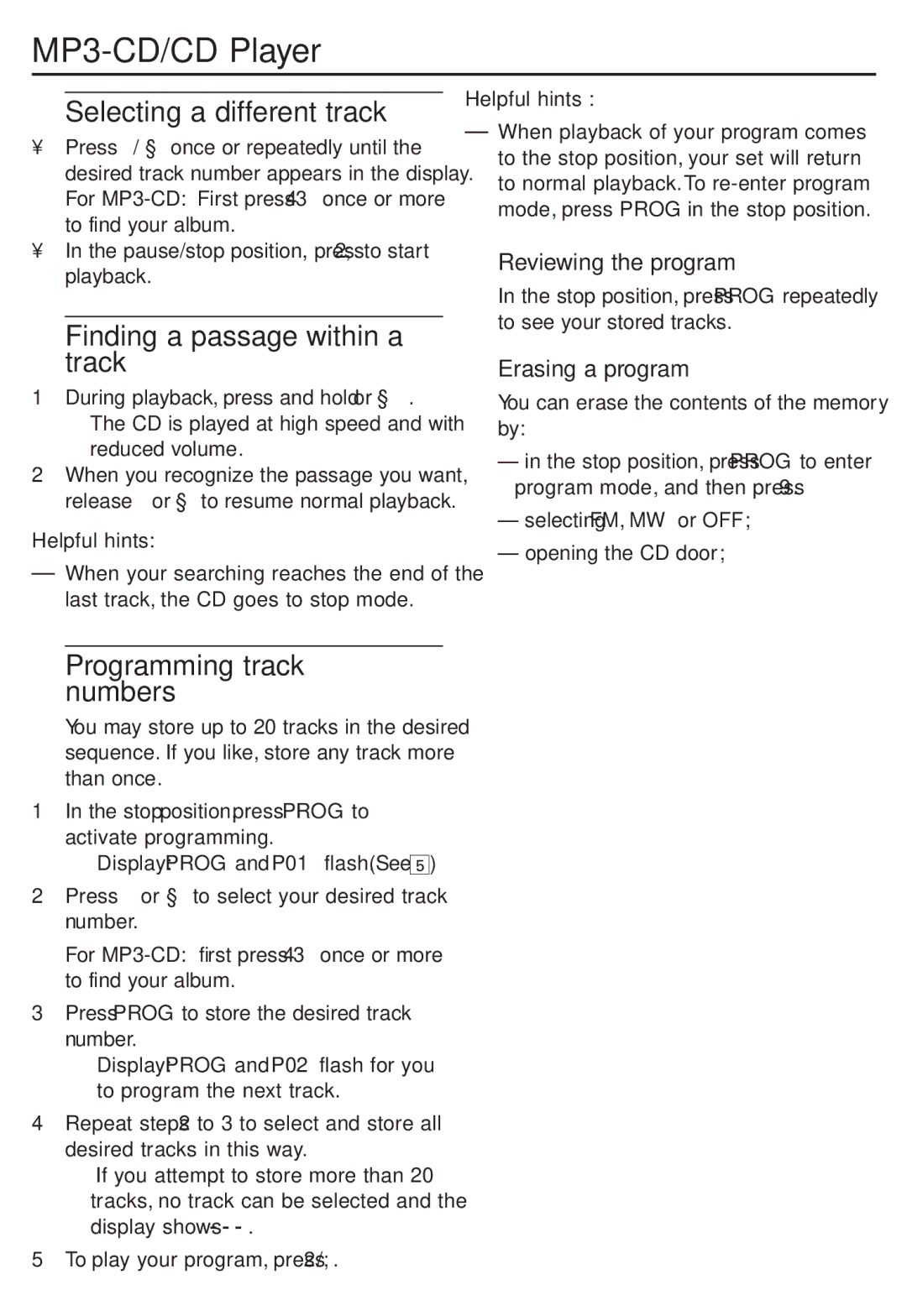 Philips AZ302S user manual Selecting a different track, Finding a passage within a track, Programming track numbers 