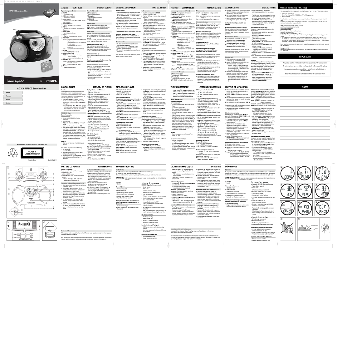 Philips manual AZAZ30383038, English, Français COMMANDES, Fitting a mains plug U.K. only 