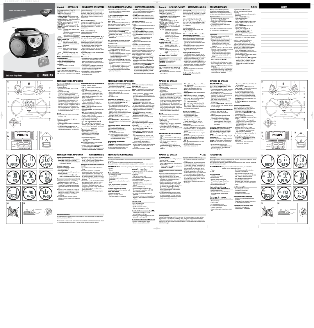 Philips Español, Controles, AZAZ30383038, Deutsch BEDIENELEMENTE STROMVERSORGUNG, REPRODUCTOR DE MP3-CD/CD, Pflege 