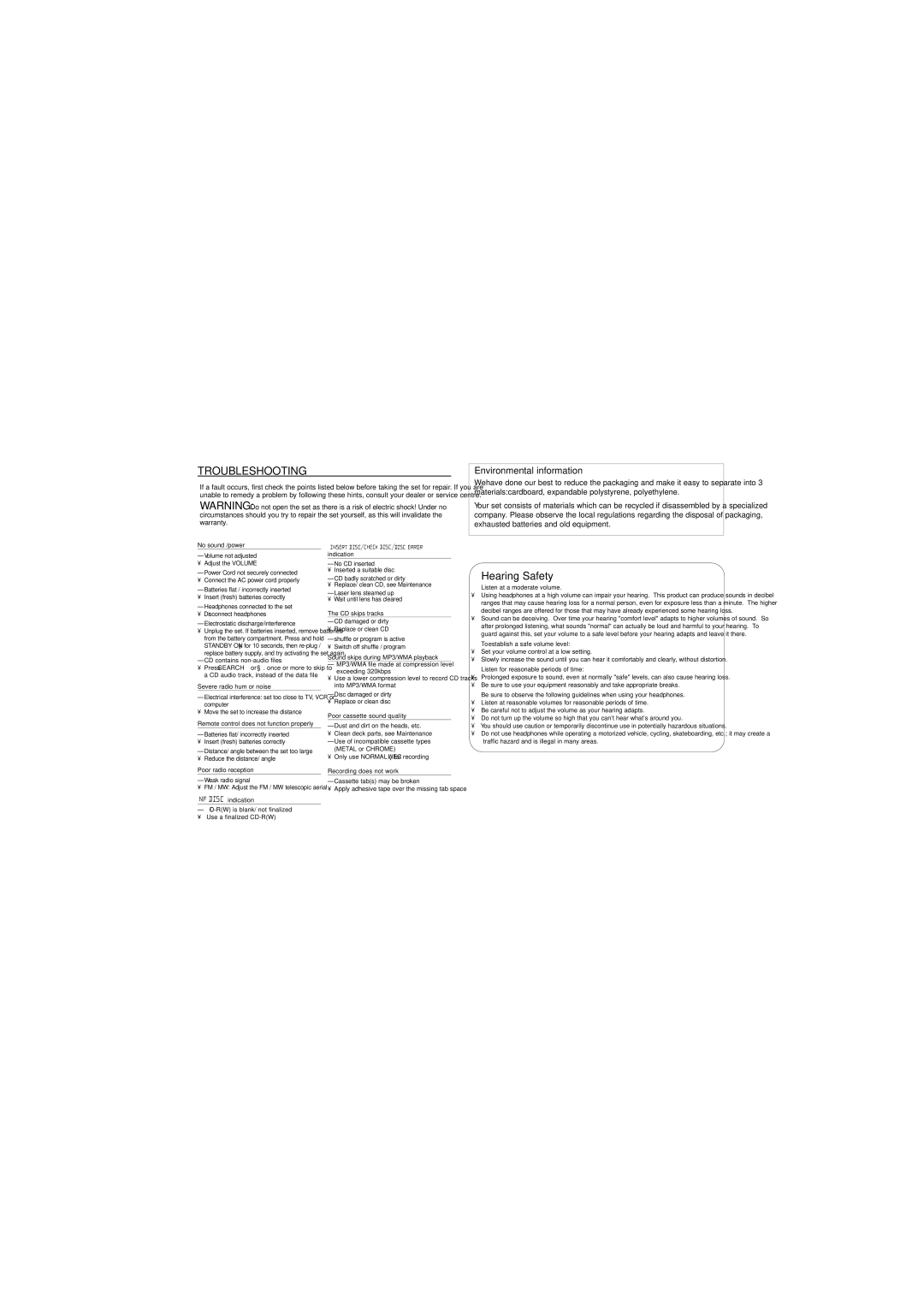 Philips AZ3068 quick start Troubleshooting, Environmental information 