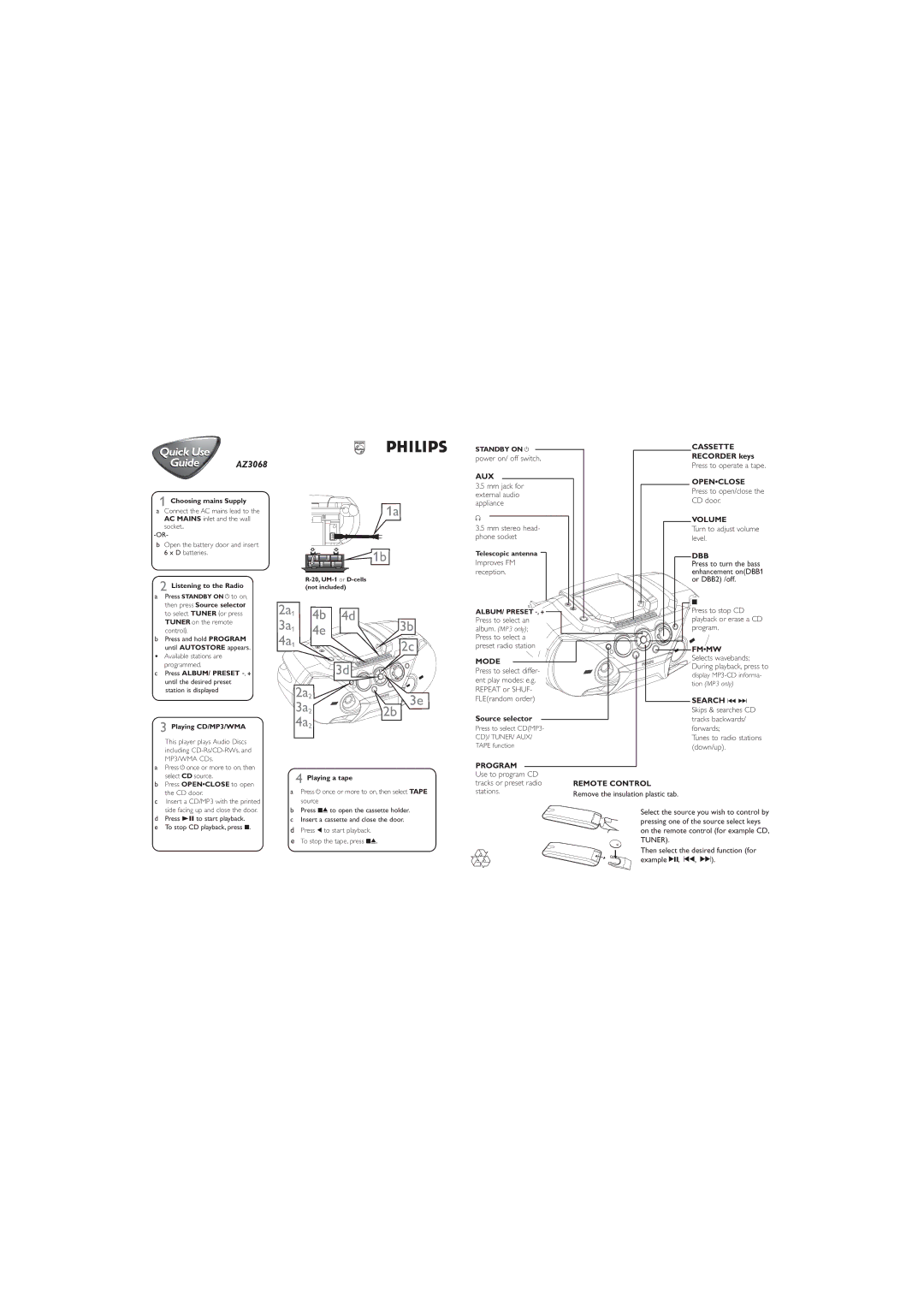 Philips AZ3068 manual Cassette, AUX Openclose, Volume, Dbb, Fmmw, Mode, Search ∞ §, Program Remote Control 