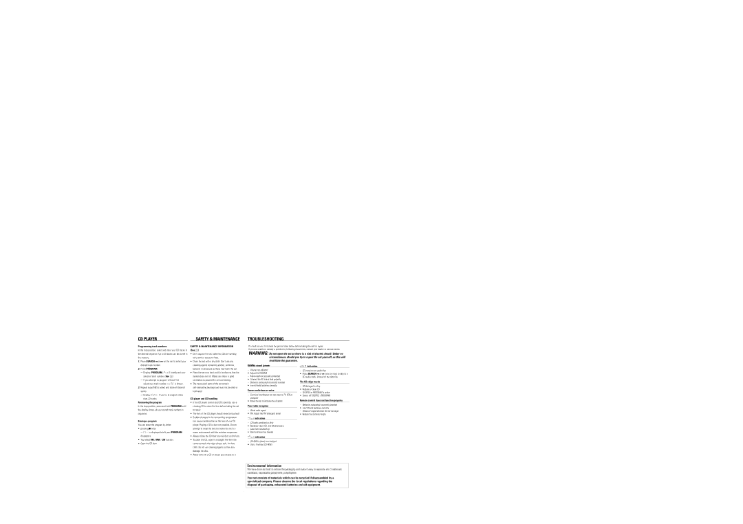 Philips AZ3300 manual Troubleshooting, Safety & Maintenance Information 