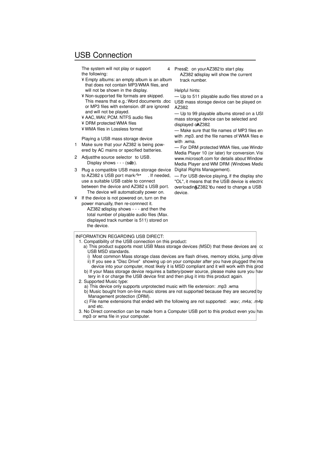 Philips AZ382 user manual USB Connection, System will not play or support, Following, Playing a USB mass storage device 