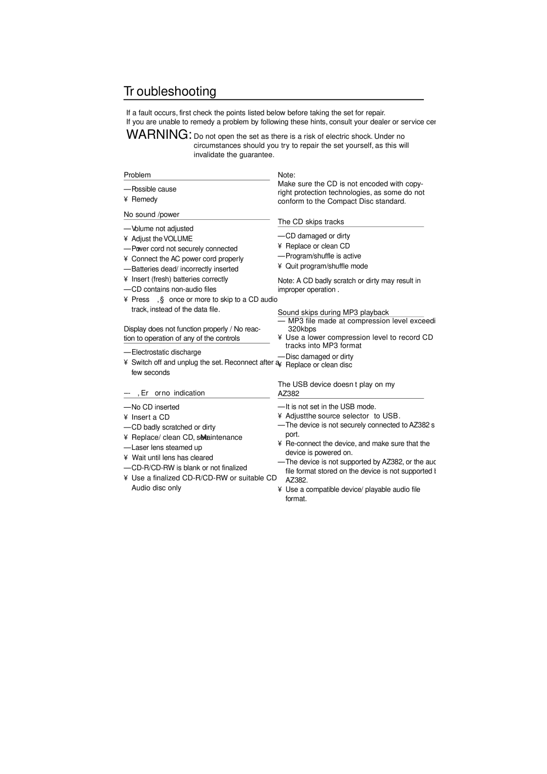 Philips AZ382 user manual Troubleshooting 