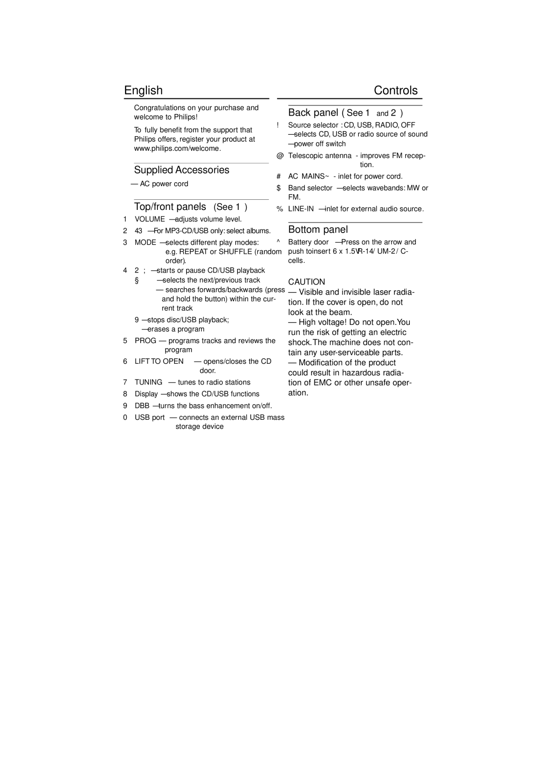 Philips AZ382 user manual English, Controls 