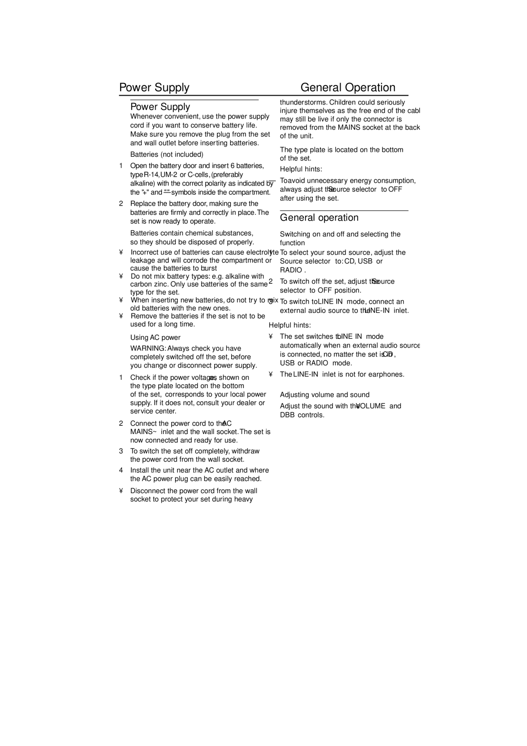 Philips AZ382 user manual Power Supply General Operation, General operation 