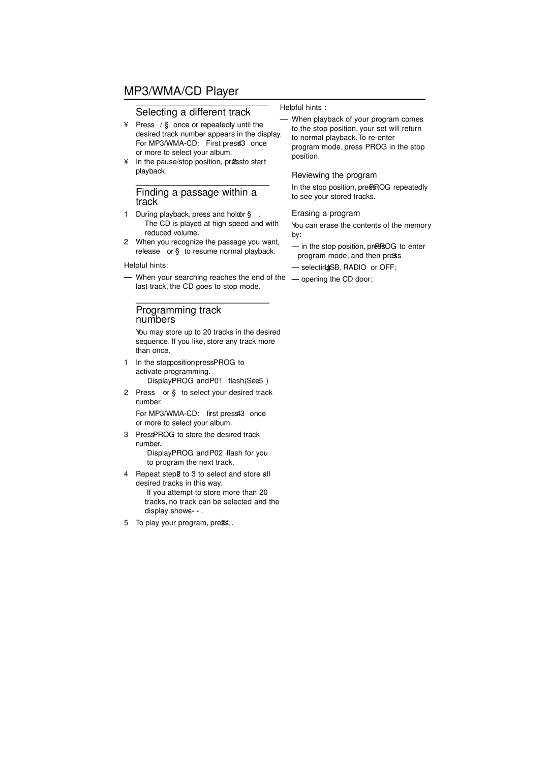 Philips AZ382 user manual Selecting a different track, Finding a passage within a track, Programming track numbers 