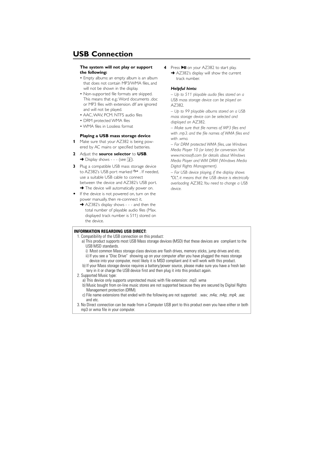Philips AZ382 user manual USB Connection, The system will not play or support, the following, Helpful hints 