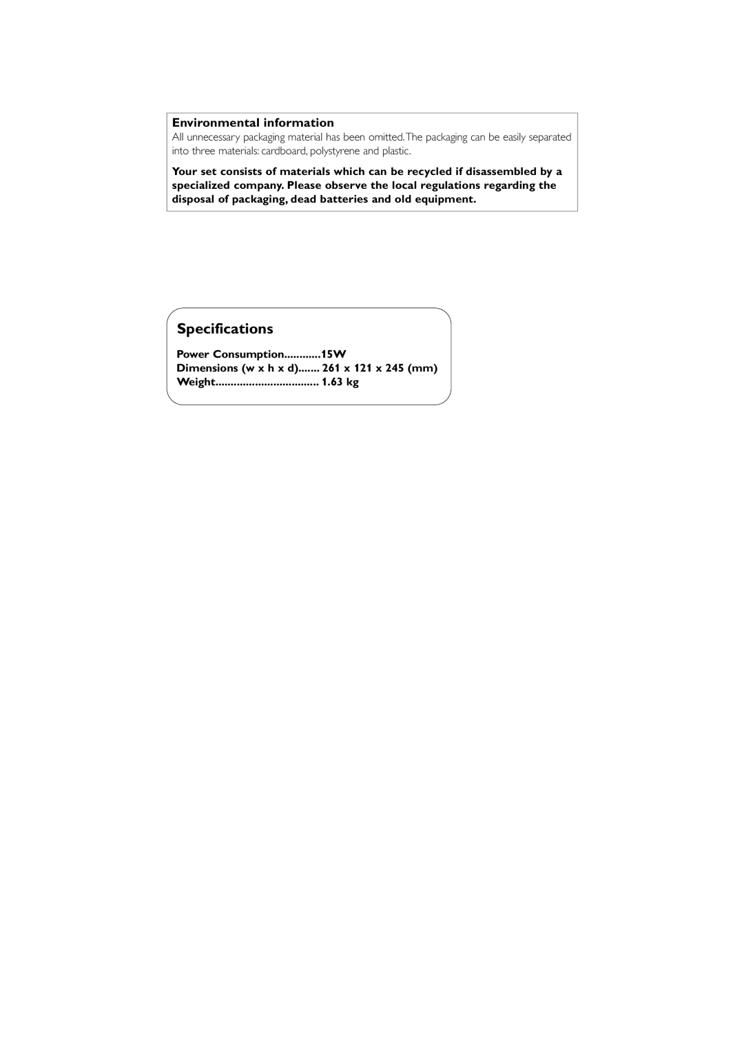 Philips AZ382 user manual Specifications, Environmental information 