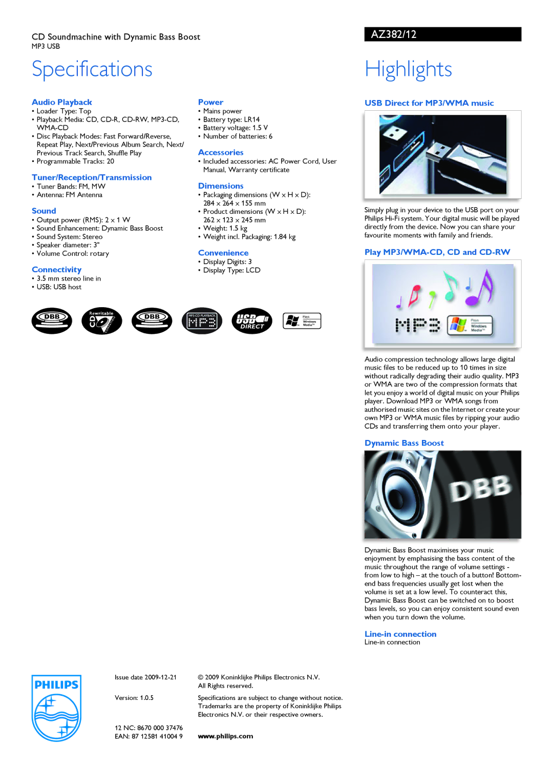 Philips AZ382/12 manual Specifications, Highlights 