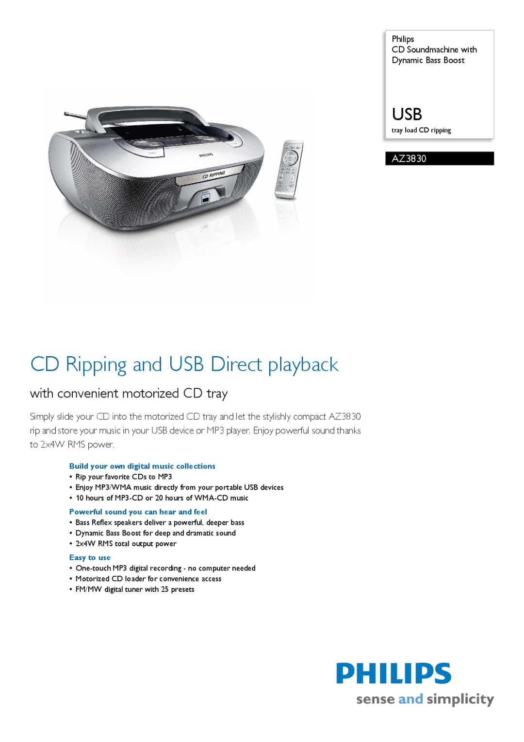 Philips AZ3830/12 manual Build your own digital music collections, Powerful sound you can hear and feel, Easy to use 