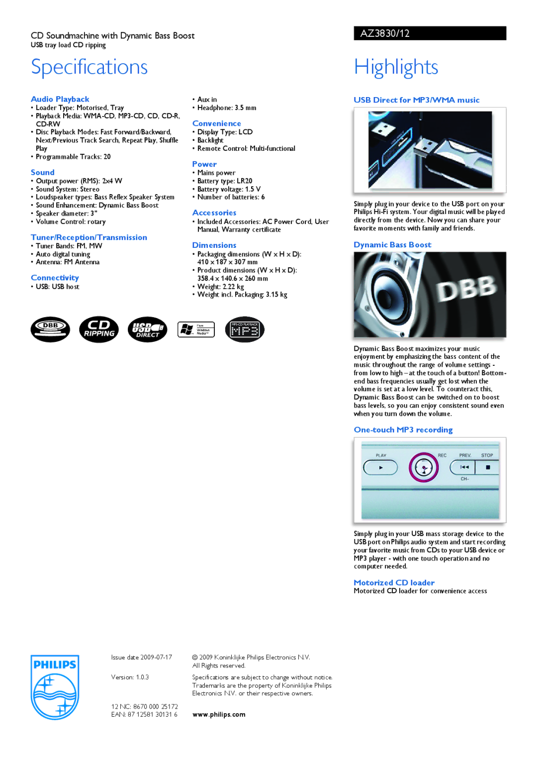 Philips AZ3830/12 manual Specifications, Highlights 