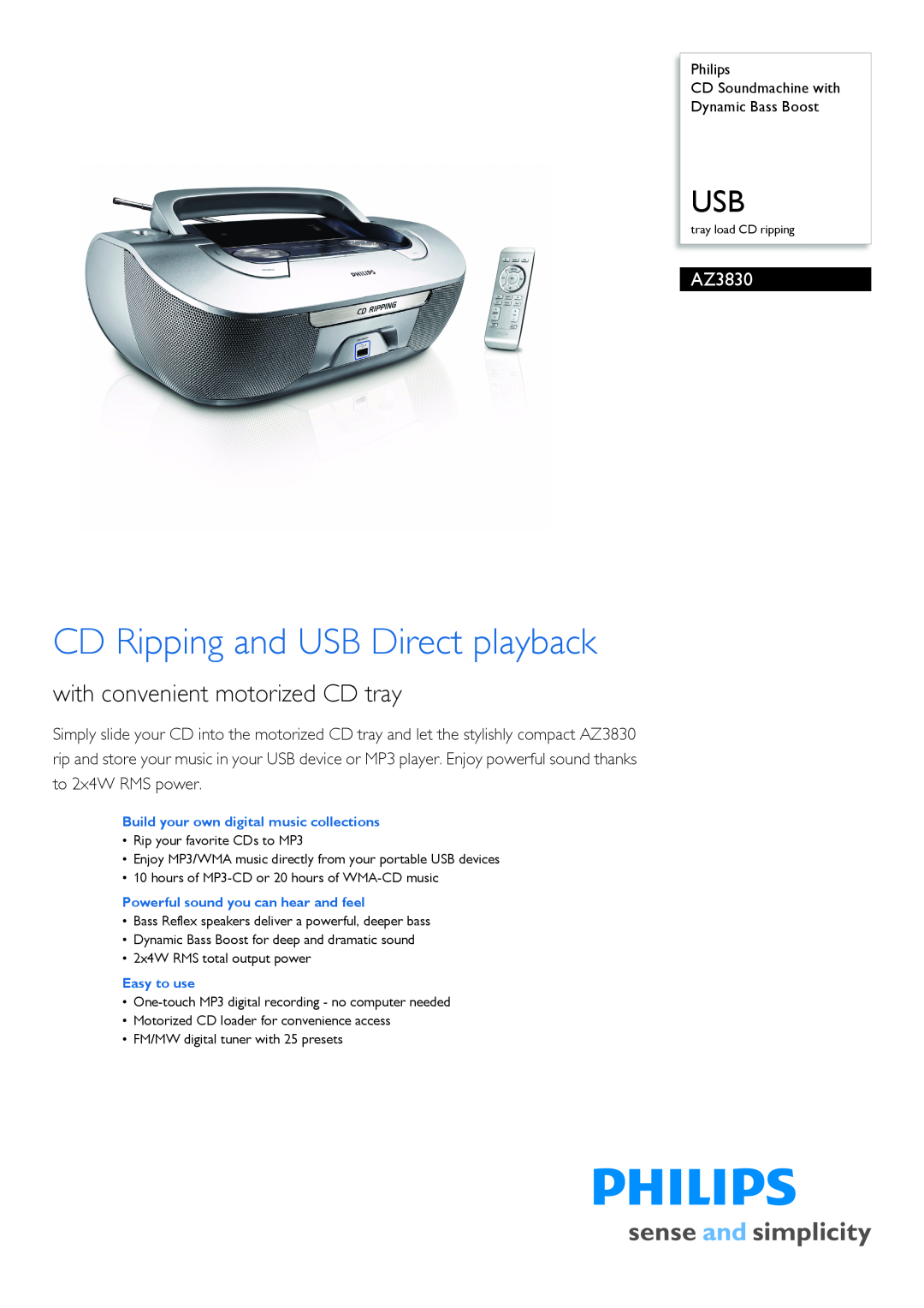Philips AZ3830/12 manual Philips CD Soundmachine with Dynamic Bass Boost, CD Ripping and USB Direct playback 