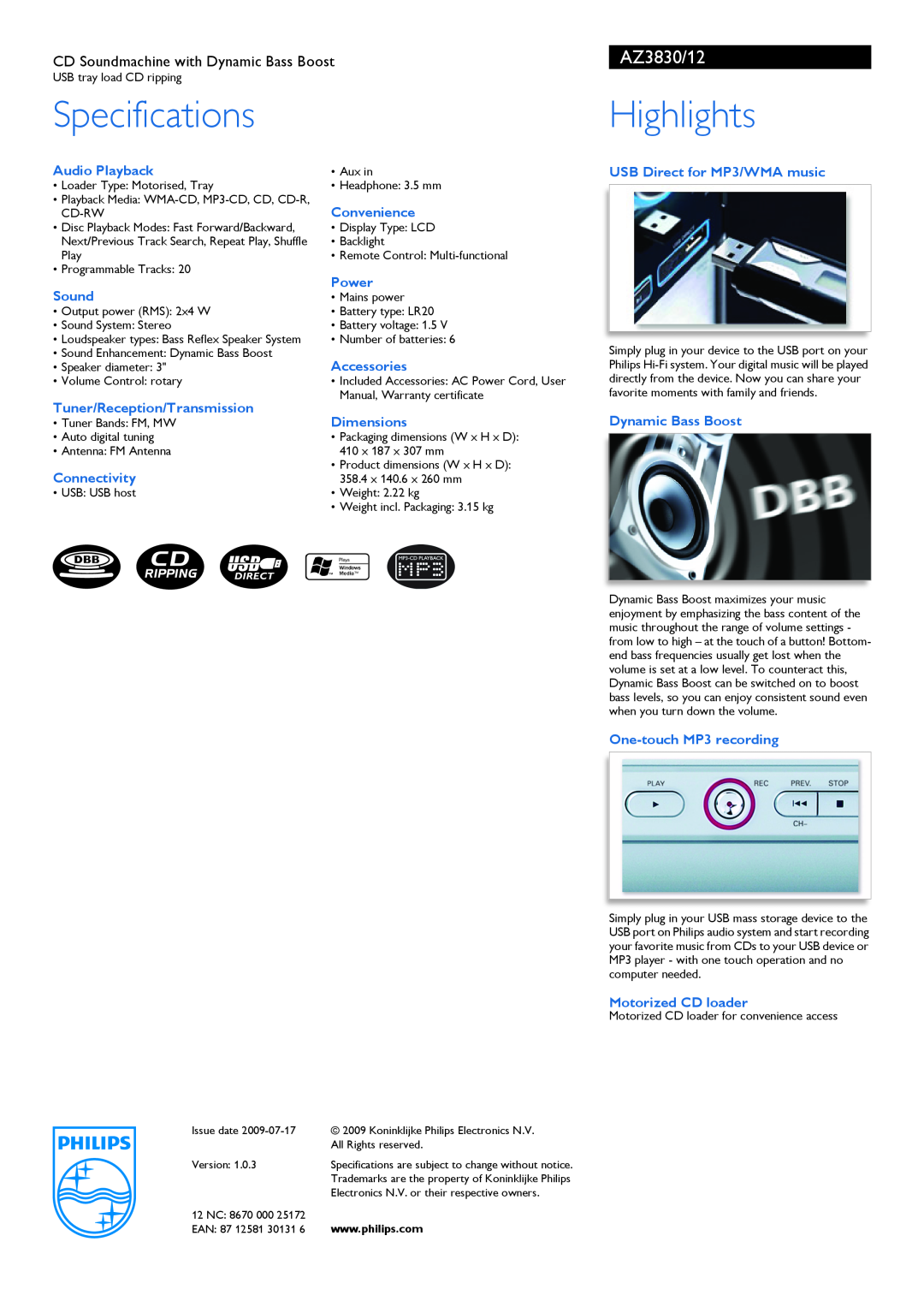 Philips AZ3830/12 manual CD Soundmachine with Dynamic Bass Boost, Specifications, Highlights 