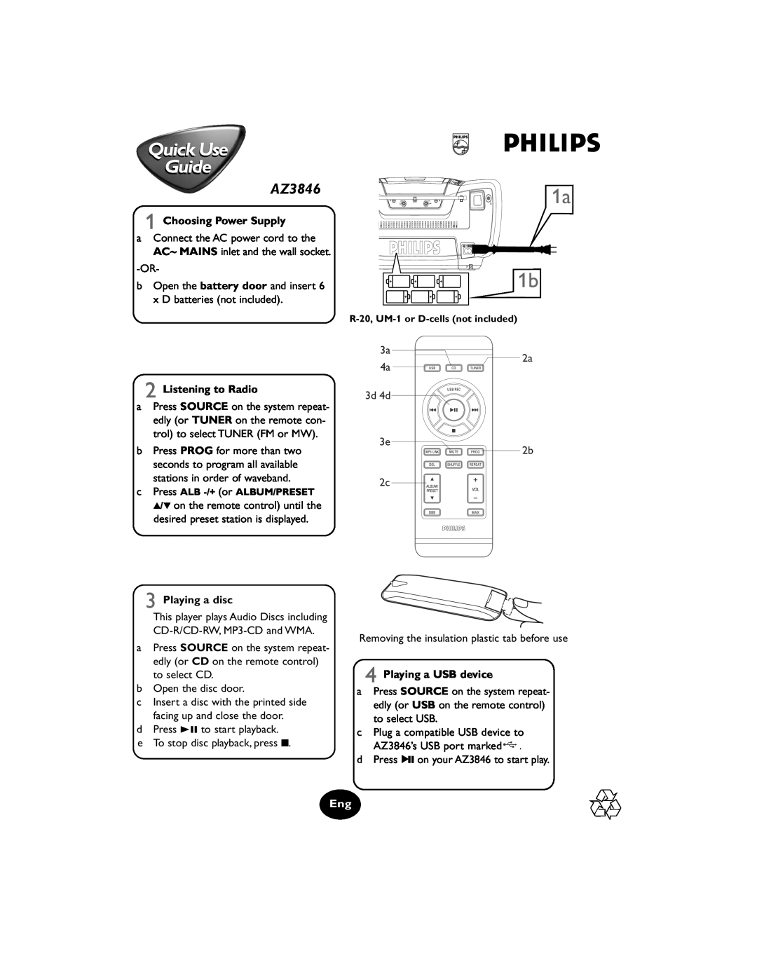 Philips AZ3846/55 manual 1a 1b, Quick Use Guide, Choosing Power Supply, Listening to Radio, Playing a disc 