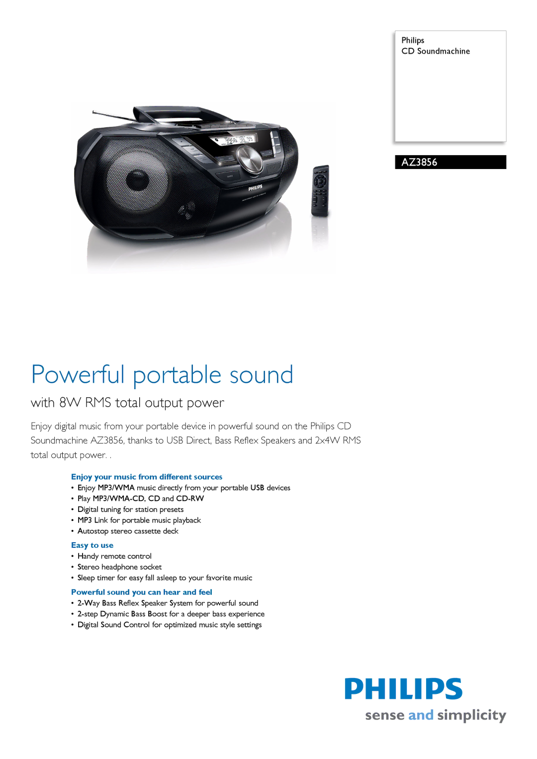 Philips AZ3856 manual Enjoy your music from different sources, Easy to use, Powerful sound you can hear and feel 