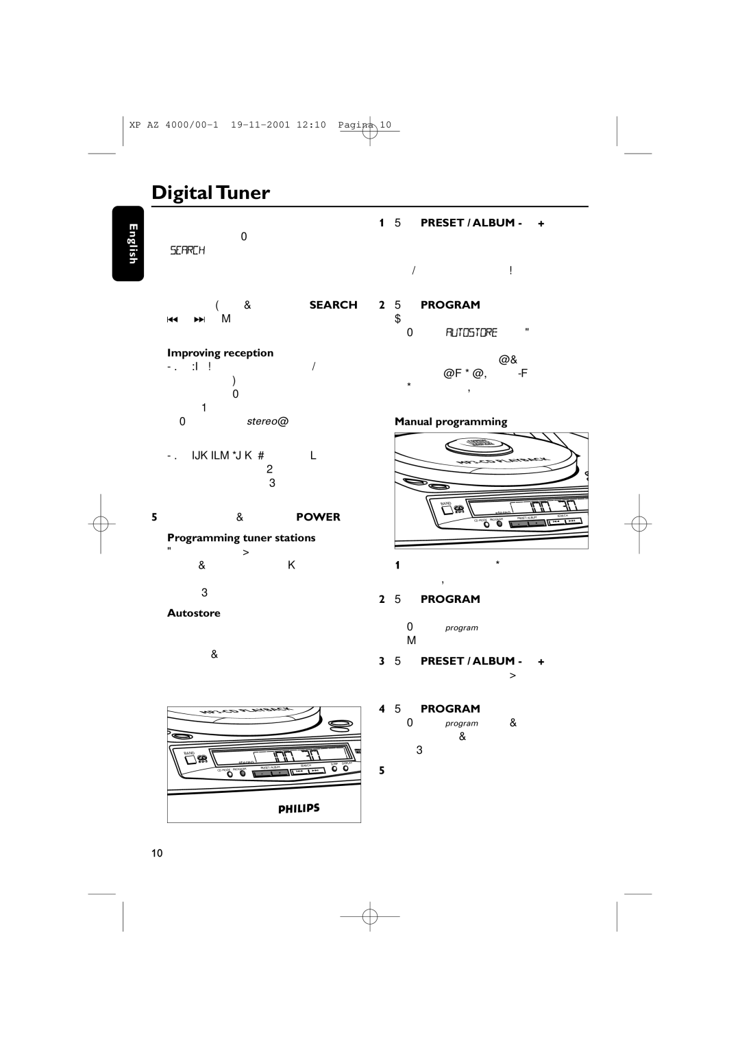 Philips AZ4000 manual Improving reception, Programming tuner stations, Autostore, Manual programming 