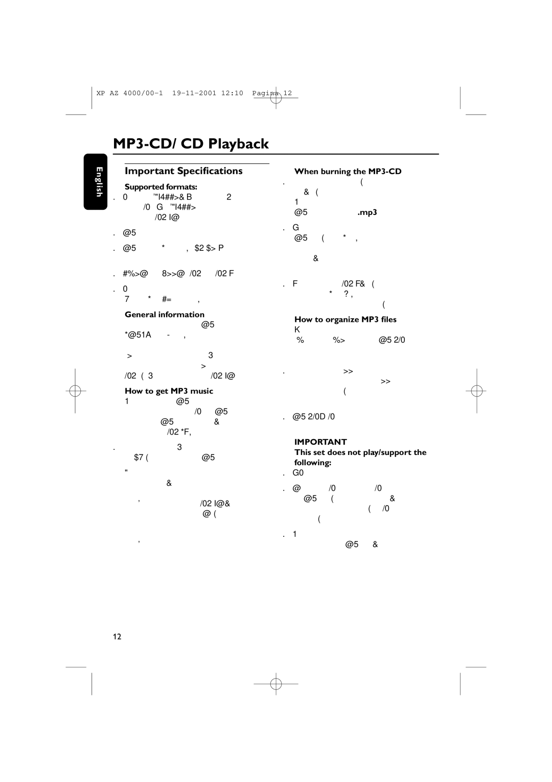 Philips AZ4000 manual MP3-CD/ CD Playback, Important Speciﬁcations 