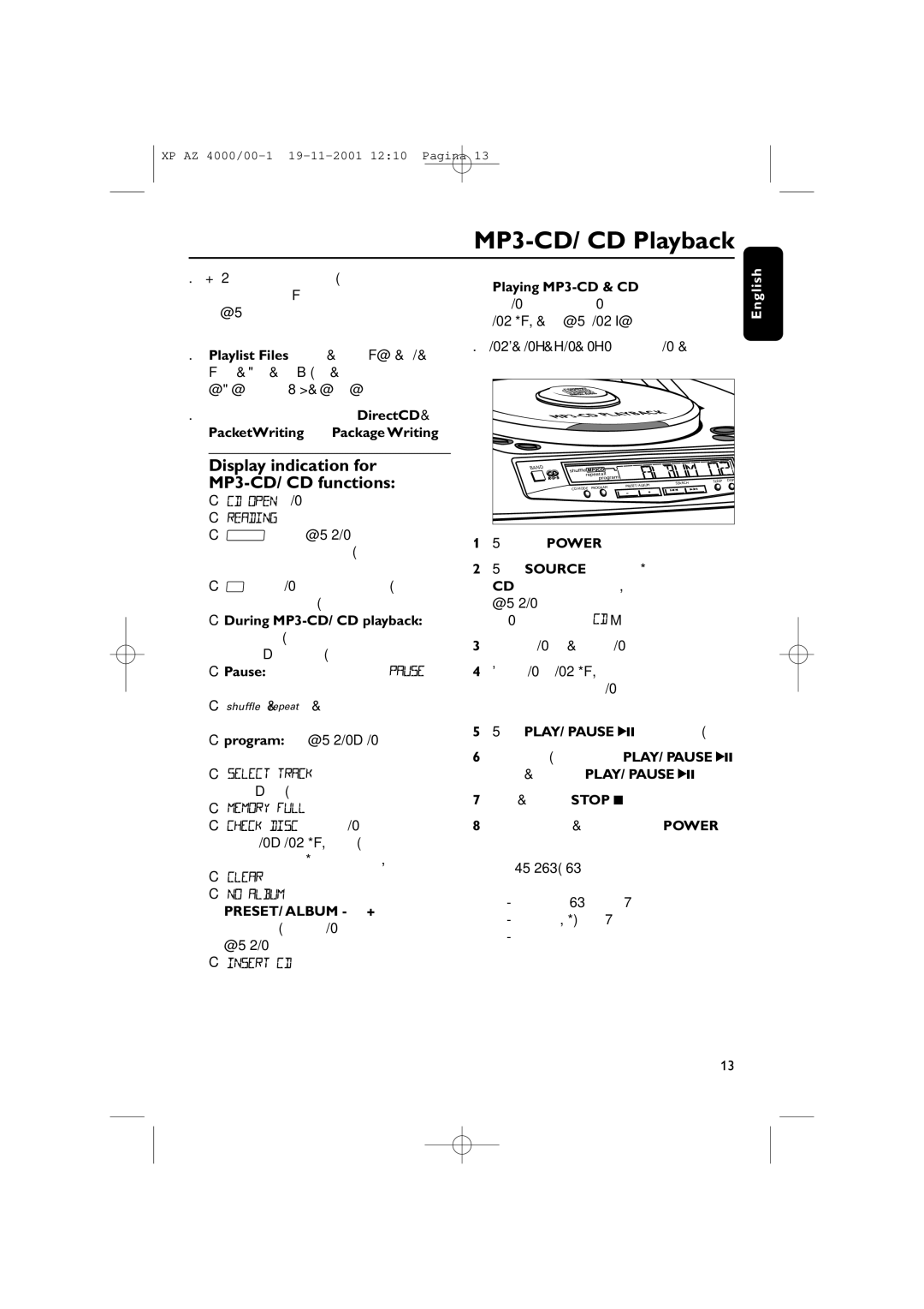 Philips AZ4000 manual Display indication for MP3-CD/ CD functions, Playing MP3-CD & CD, CD-RWs, and MP3 CD-ROMs 