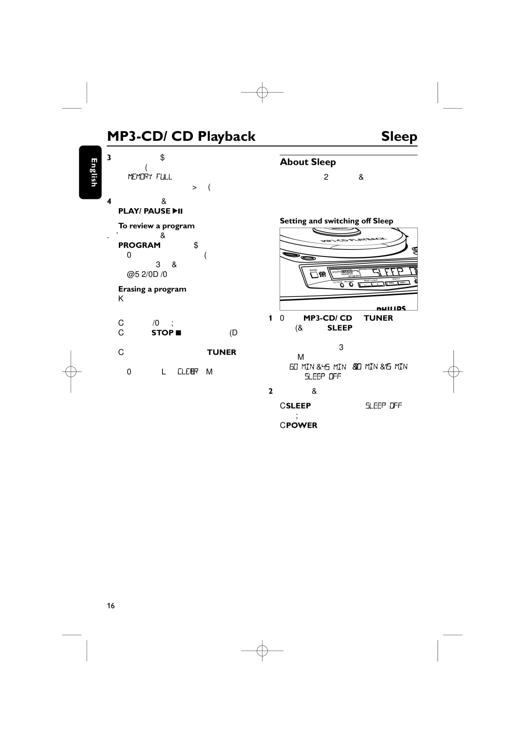 Philips AZ4000 manual About Sleep, To review a program, Erasing a program, Setting and switching off Sleep, Power y 