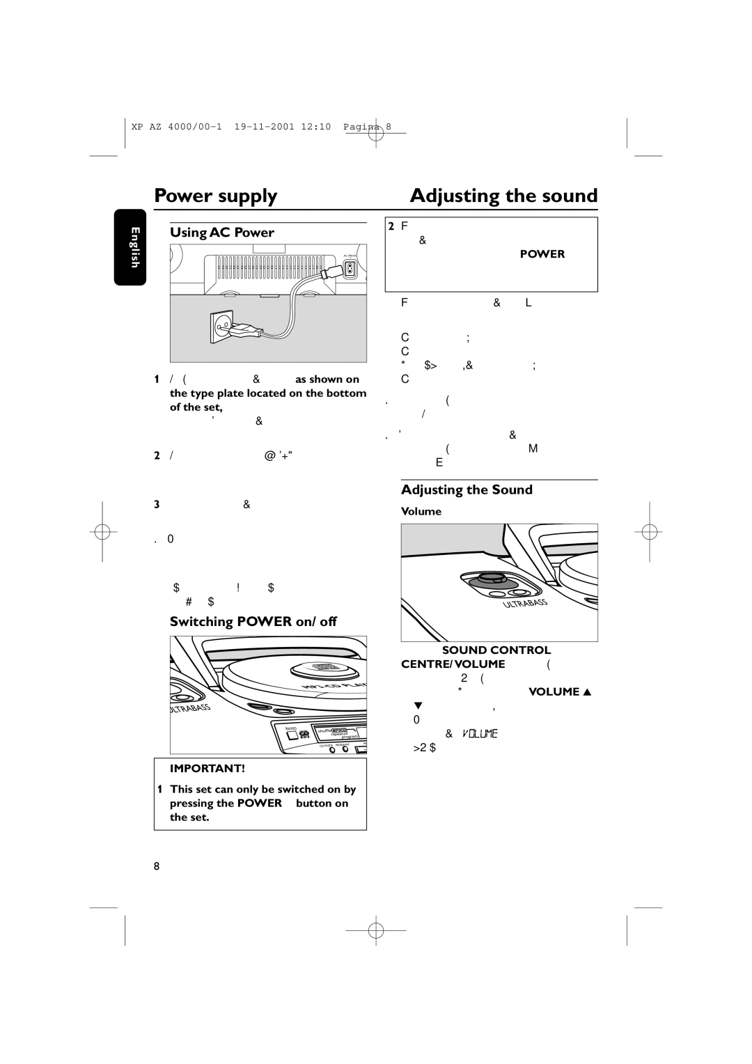 Philips AZ4000 manual Power supply, Using AC Power, Switching Power on/ off, Adjusting the Sound 