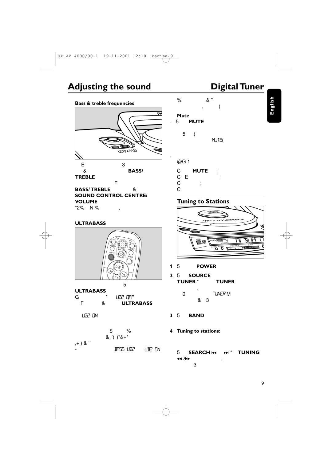 Philips AZ4000 manual Adjusting the sound, Digital Tuner, Tuning to Stations, Bass & treble frequencies 