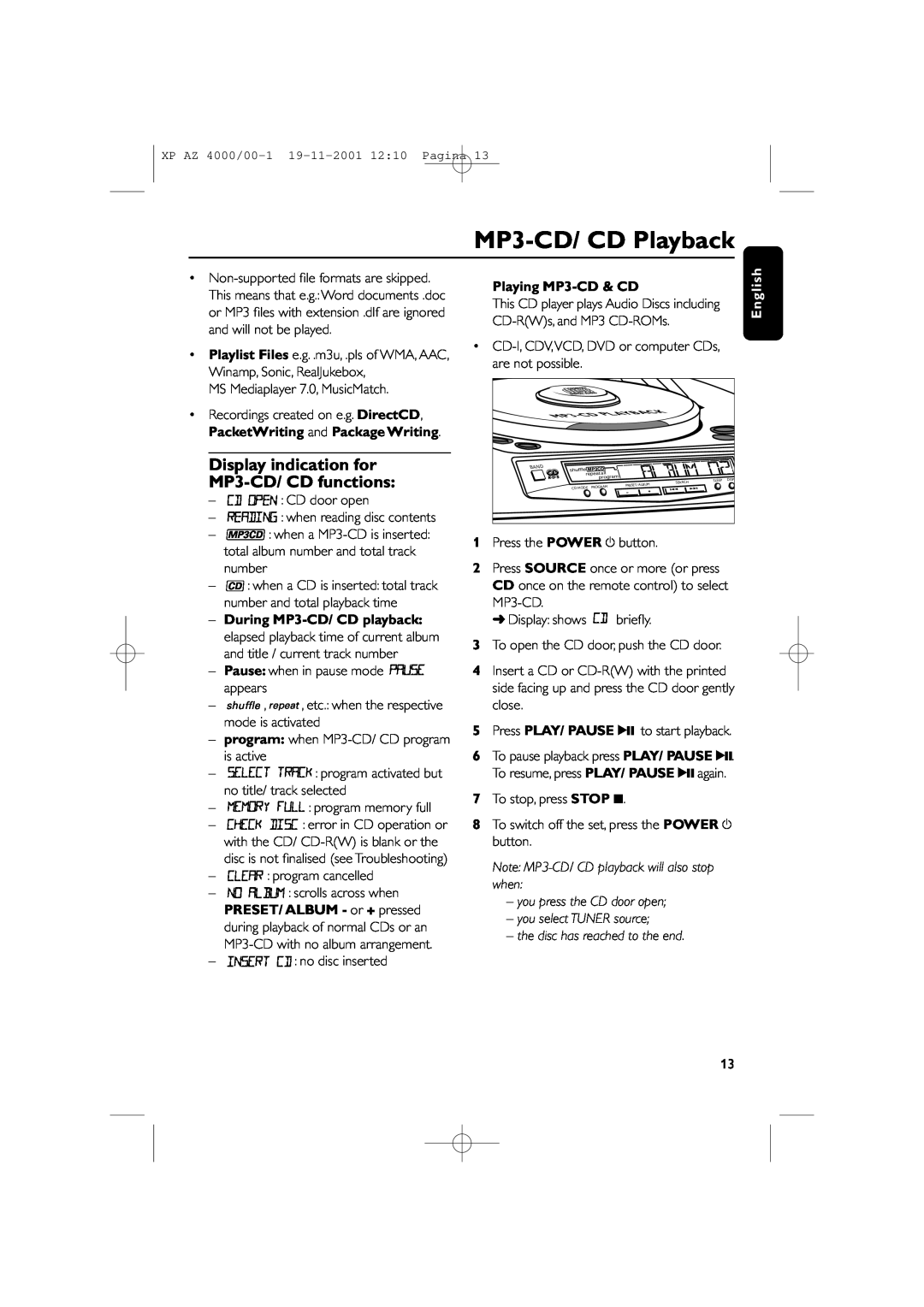 Philips AZ4000 manual Display indication for MP3-CD/ CD functions, Playing MP3-CD & CD, CD-RWs, and MP3 CD-ROMs 