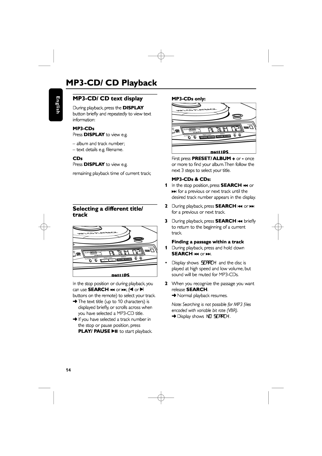 Philips AZ4000 manual MP3-CD/ CD text display, Selecting a different title/ track, MP3-CDs only, MP3-CDs & CDs, English 