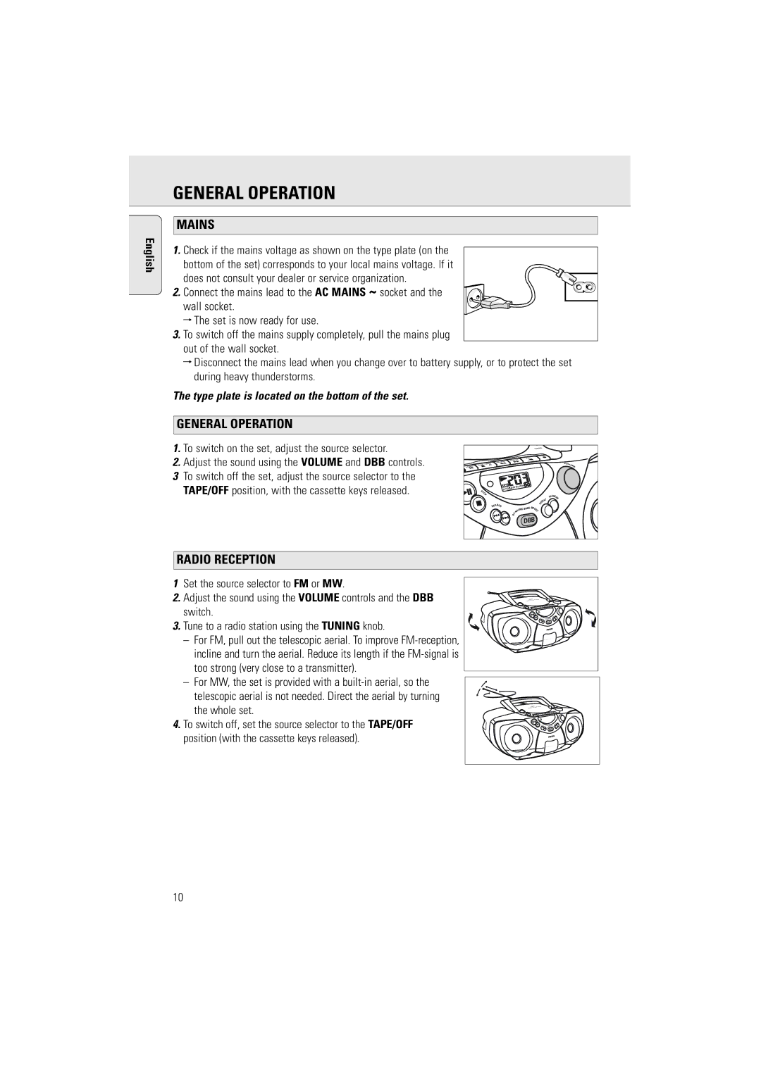 Philips AZ5130 manual General Operation, Mains, Radio Reception 