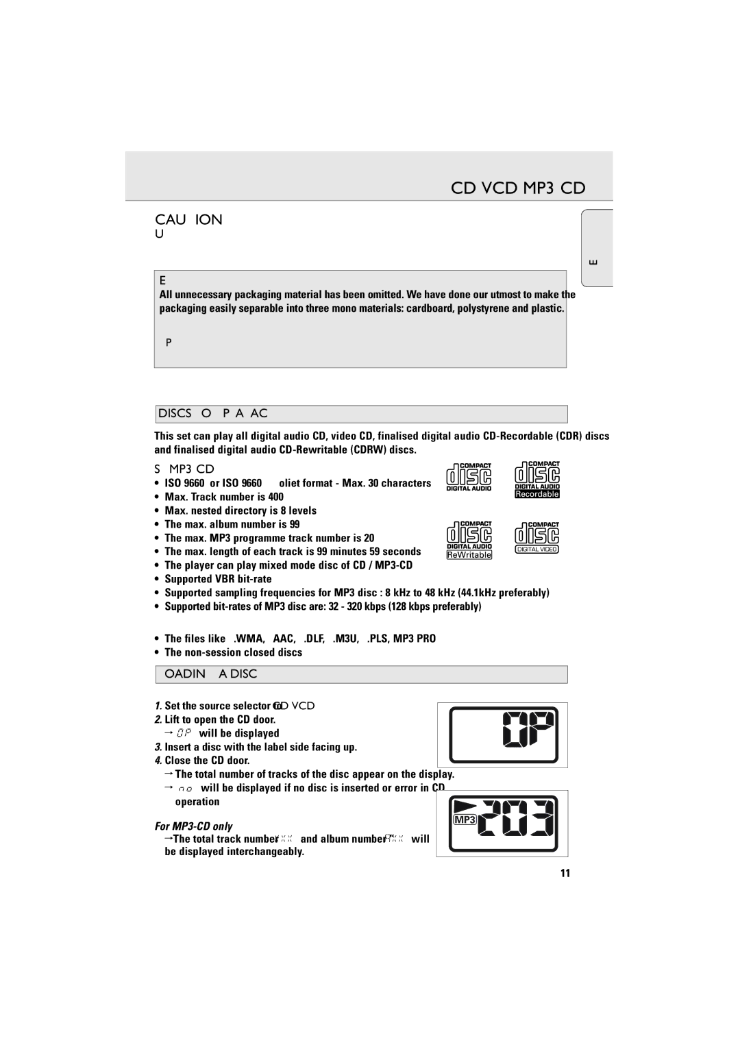 Philips AZ5130 manual CD/VCD/MP3-CD, Discs for Playback, Loading a Disc 