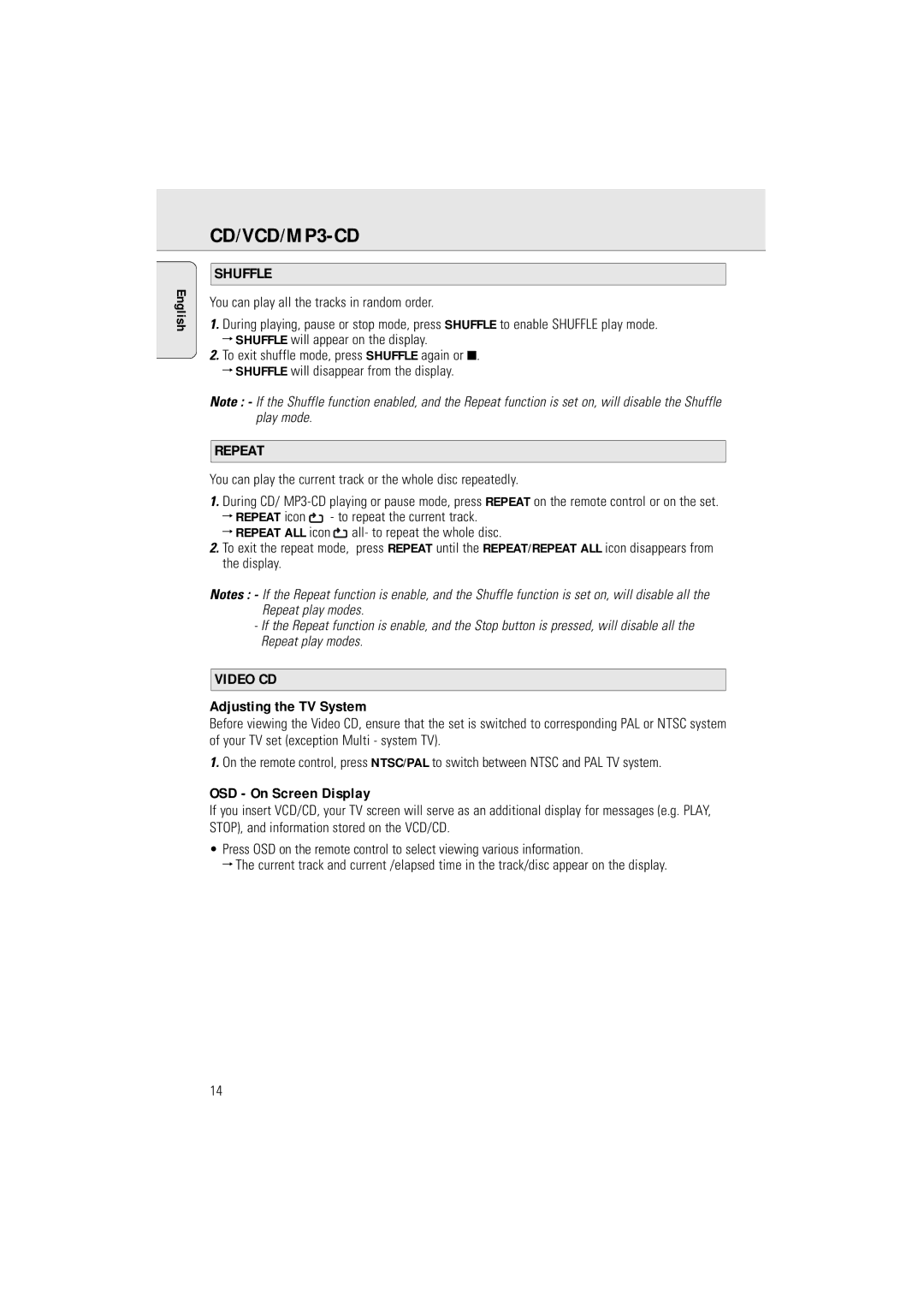 Philips AZ5130 manual Shuffle, Repeat, Video CD, Adjusting the TV System, OSD On Screen Display 