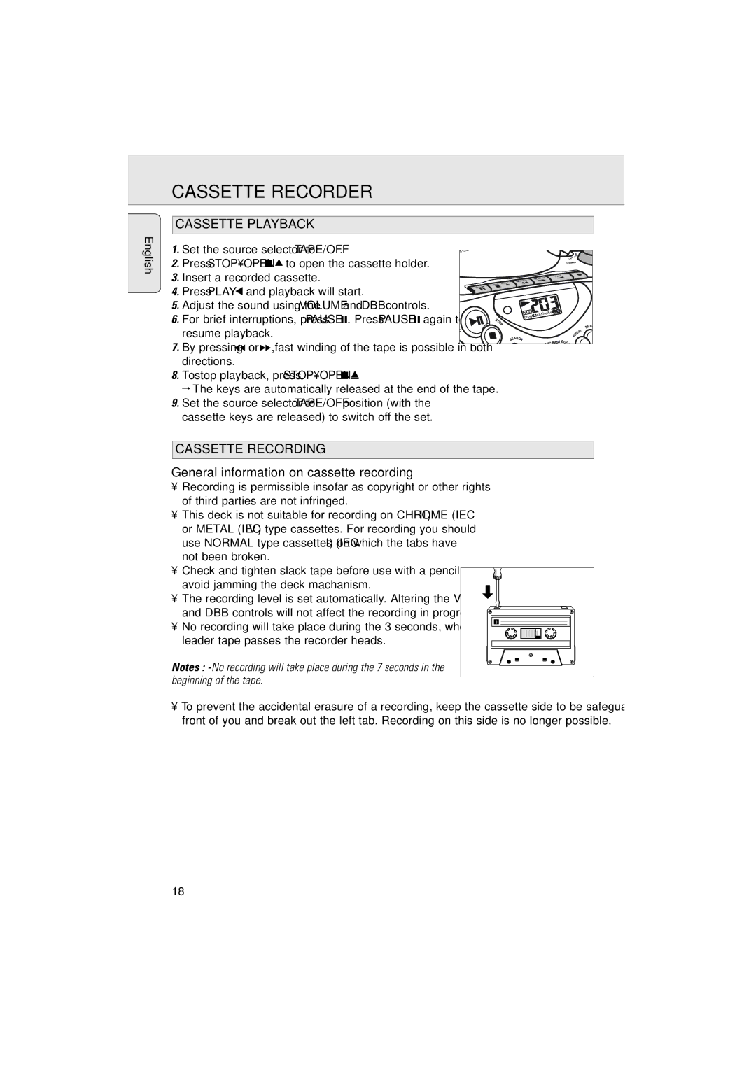 Philips AZ5130 manual Cassette Recorder, Cassette Playback, Cassette Recording, General information on cassette recording 