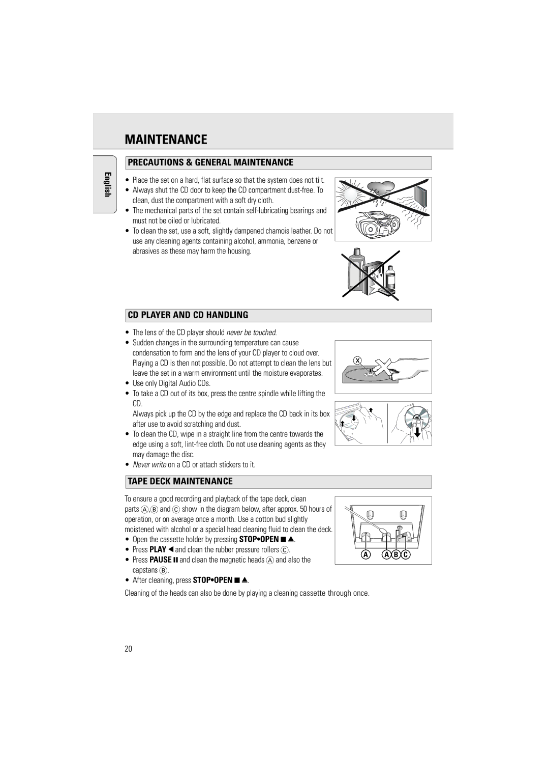 Philips AZ5130 manual Precautions & General Maintenance, CD Player and CD Handling, Tape Deck Maintenance 