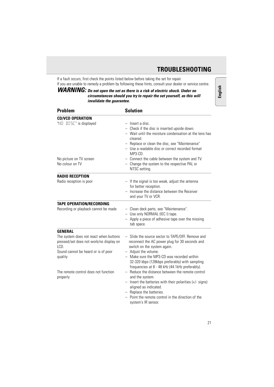 Philips AZ5130 manual Troubleshooting, CD/VCD Operation, Radio Reception, Tape OPERATION/RECORDING, General 