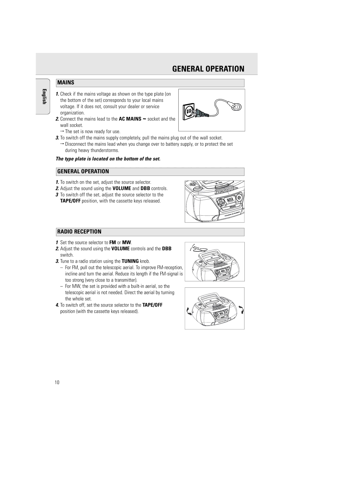 Philips AZ5140 user manual General Operation, Mains, Radio Reception 