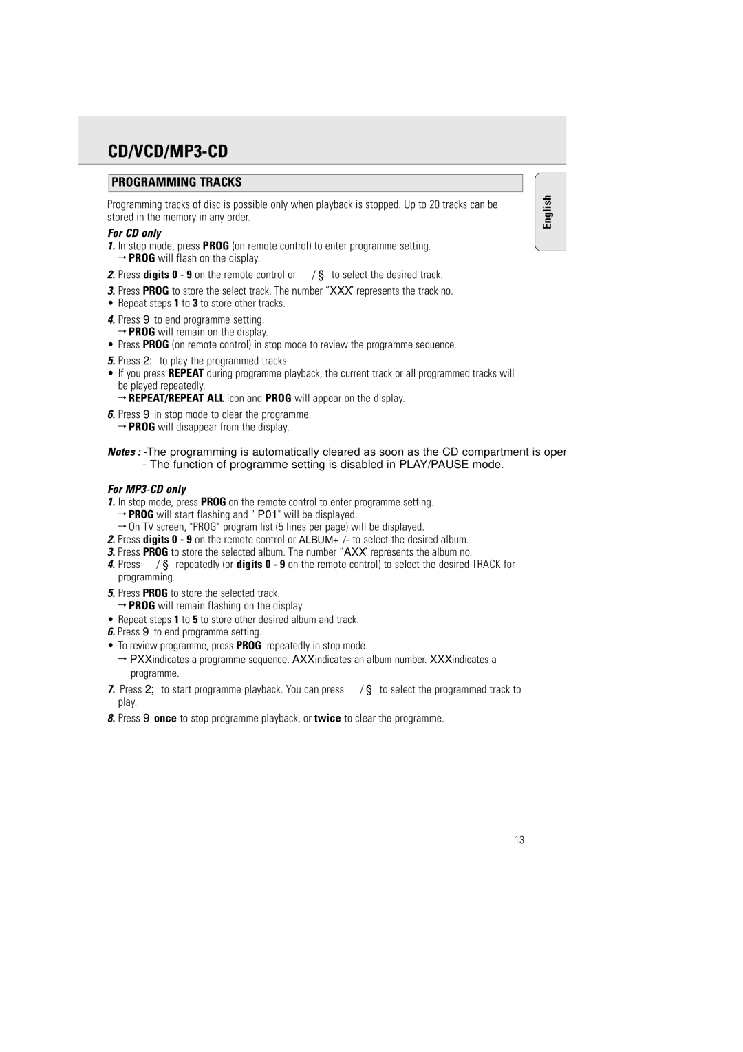 Philips AZ5140 user manual Programming Tracks, For CD only 