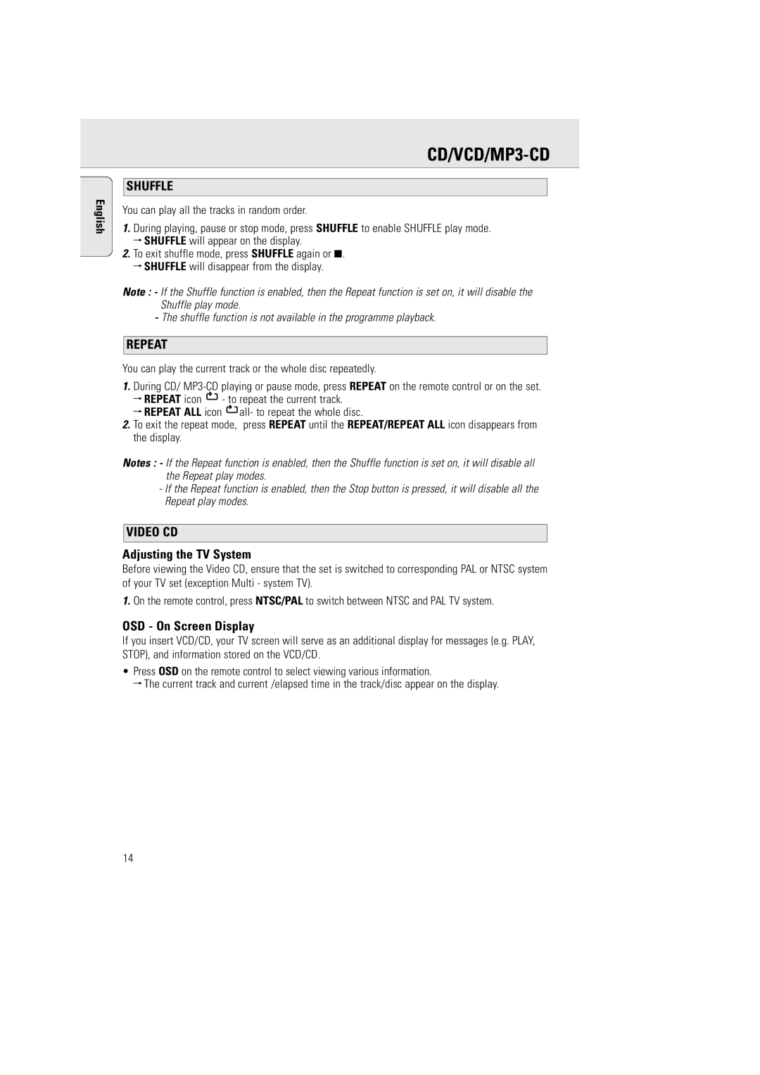 Philips AZ5140 user manual Shuffle, Repeat, Video CD, Adjusting the TV System, OSD On Screen Display 