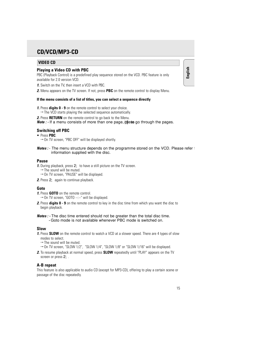 Philips AZ5140 user manual Playing a Video CD with PBC, Switching off PBC, Pause, Goto, Slow, Repeat 